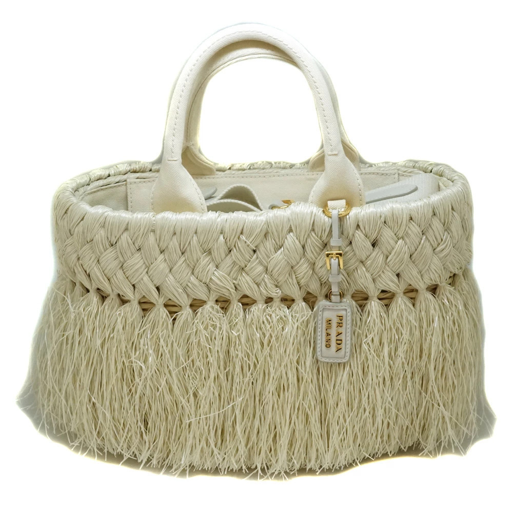 PRADA Tote Bag Handbag Shoulder Canvas Raffia Straw Tan Basket White